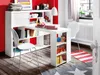 A modern white shelving unit with an integrated desk, set against a red wall in a room with wooden flooring. A white chair is pulled up to the desk, and various items are displayed on the shelves. Podgląd zdjęcia produktu