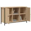 A wooden cabinet with black metal legs and frame, shown with its doors open. Náhled obrázku produktu