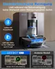 A robotic vacuum cleaner and its charging station are shown, with text overlays highlighting features and comparisons. Produktbild-Vorschau