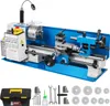 A blue and white mini metal lathe with various accessories laid out in front of it, including a toolbox, wrenches, and circular metal discs. Produktbild-Vorschau