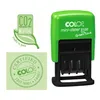 A green COLOP mini-dater S120 stamp and two green certification logos. Produktbild-Vorschau