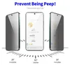 Three smartphones are displayed at different angles, with the center phone showing a chat interface. The image highlights the anti-spy feature of a screen protector. Produktbild-Vorschau