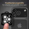 A close-up of a phone camera lens protector being applied to an iPhone, with text indicating it's a positioning aid for easy and quick attachment. Produktbild-Vorschau