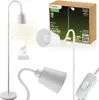 A collage of images showing a white floor lamp, its packaging, and close-up details of its components. Anteprima dell’immagine prodotto