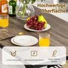 A close-up view of a table setting with fruit, drinks, and plates, overlaid with marketing text and icons. Náhled obrázku produktu