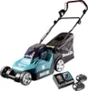 A cordless electric lawnmower with two batteries and a charger, presented against a white background. Produktbild-Vorschau