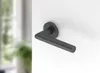 A dark gray door handle is mounted on a white wall, with a blurred background showing a window and plants. Produktbild-Vorschau