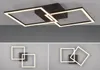 A collage of images showing a modern ceiling light fixture with square frames.