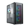 A computer tower case with tempered glass side panel and RGB lighting on the front fans. Náhľad obrázku produktu