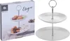 The image shows the packaging of a two-tier cake stand, with a picture of the cake stand on the front of the box. The cake stand itself is also shown separately on the right side of the image. Anteprima dell’immagine prodotto