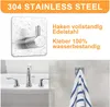 A collage of images showing a stainless steel hook, a bathroom faucet, and a towel hanging on a hook. Produktbild-Vorschau