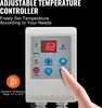 Close-up of a white adjustable temperature controller with a digital display and buttons, with a finger pressing one of the buttons. Produktbild-Vorschau
