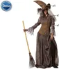 A woman dressed as a witch holding a broomstick, presented against a white background. Produktbild-Vorschau