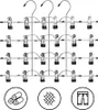 A product image collage featuring multiple hangers with clips, along with three circular icons illustrating rolled fabric, a woven pattern, and a pair of pants. Produktbild-Vorschau