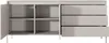 A beige sideboard with fluted fronts and open doors, revealing shelves and drawers. Produktbild-Vorschau