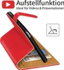A red book-style phone case is shown open, displaying card slots and a black phone inside. Text and icons indicate features. Produktbild-Vorschau
