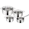 A set of four stainless steel pots and pans with glass lids, arranged on a white background. Produktbild-Vorschau