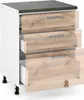 A white kitchen cabinet with three wooden drawers, shown with the drawers partially open. Voir les images du produit