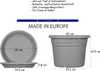 Diagrams and text describing a plant pot and saucer set, with dimensions and features. Produktbild-Vorschau