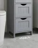 A close-up shot of a gray bathroom cabinet with four drawers, placed next to a white toilet. The floor shows a dashed line indicating a measurement of approximately 0.09 m². Náhled obrázku produktu