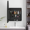A bathroom cabinet with its door open, displaying various toiletries and skincare products on shelves. Produktbild-Vorschau