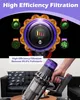 A collage showing a vacuum cleaner with an artistic representation of its filtration system and a hand holding the vacuum cleaner. Produktbild-Vorschau