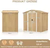 Diagrams showing the dimensions of a garden shed, along with icons for packaging and gloves, and text indicating the floor area and delivery information. Podgląd zdjęcia produktu