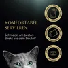 A marketing image for cat food, featuring text and icons related to serving the product, with a cat's face in the foreground. Voir les images du produit