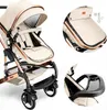 A collage of images showing different parts and features of a beige stroller. Produktbild-Vorschau