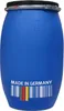 A blue plastic barrel with a black lid and a clamp closure. The barrel has a barcode design with the German flag colors and text that says "MADE IN GERMANY". Produktbild-Vorschau