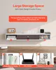 A white wall-mounted TV cabinet with various items displayed on and inside it, along with three inset images showing examples of what can be stored. Voir les images du produit