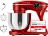A red KLAMER kitchen mixer with its accessories and a review badge. Produktbild-Vorschau