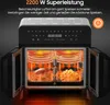 A dual-zone air fryer with its doors open, showing food cooking inside, with marketing text and icons. Anteprima dell’immagine prodotto