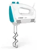 A white and blue Bosch hand mixer with silver beaters, isolated on a white background. Náhled obrázku produktu