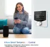 A woman is using a smartphone while sitting on a couch, with a smart thermostat displayed on the right side of the image. Podgląd zdjęcia produktu