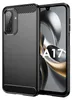 A close-up product shot of a black phone case with a carbon fiber texture, placed next to a smartphone displaying a colorful abstract wallpaper with the text "A17" on the screen. Produktbild-Vorschau