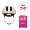 A beige bicycle helmet with black accents is shown from the back, with marketing graphics on the right side. Produktbild-Vorschau