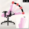 A pink gaming chair with adjustable backrest angles shown with marketing graphics. Produktbild-Vorschau