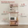 A kitchen shelf unit with various kitchen appliances and items displayed on its shelves, with text overlays describing its features. Náhľad obrázku produktu