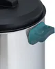 A close-up shot of the handle of a stainless steel pot with a black lid. Produktbild-Vorschau