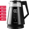 A black electric kettle with a glass top is shown, with temperature presets displayed on the side. A separate graphic on the left shows temperature options. Podgląd zdjęcia produktu