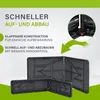 A marketing image showing a foldable table and benches, with text highlighting features like quick setup and storage. Produktbild-Vorschau