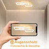 A hand holding a smartphone displaying a ceiling lamp, with the actual ceiling lamp visible above. Text overlays highlight product features. Produktbild-Vorschau