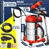 A collage of images showcasing a wet/dry vacuum cleaner and its accessories, along with text indicating its specifications and features. Produktbild-Vorschau