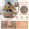 A young girl is sitting on a child's armchair and reading a book. The image also includes marketing text and graphics highlighting product features. Produktbild-Vorschau