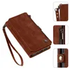 A collage of images showing a brown leather wallet phone case with a wrist strap and zipper. Produktbild-Vorschau