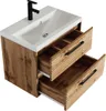A modern bathroom vanity with a white sink and a wooden cabinet with two open drawers, showing storage compartments. A black faucet is installed on the sink. Produktbild-Vorschau