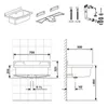 Diagrams showing the dimensions and installation components of a sink. Produktbild-Vorschau