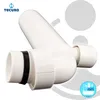 A white plumbing fitting with a black rubber ring, shown against a white and light gray background with graphic elements. Produktbild-Vorschau