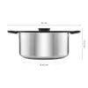 A side view of a stainless steel pot with black handles and a black lid, with dimensions indicated by lines and text. Podgląd zdjęcia produktu